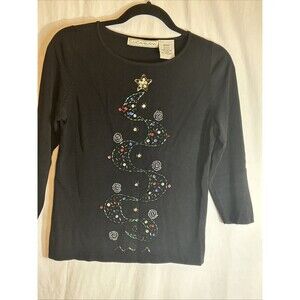 Lucia Burns Ladies Size Medium Black  Christmas Holiday lightweight Knit Top